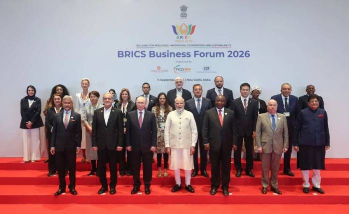 Các lãnh đạo tham dự Diễn đàn Doanh nghiệp BRICS 2026 tại New Delhi, Ấn Độ. Ảnh: BNG Ấn Độ