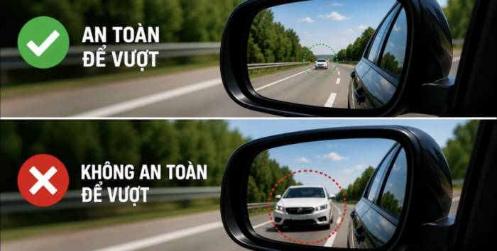 Chỉ thực hiện chuyển làn để vượt xe khi làn phía trái có khoảng trống đủ rộng. Ảnh: Hồ Tân, đồ họa có sự trợ giúp từ công cụ AI