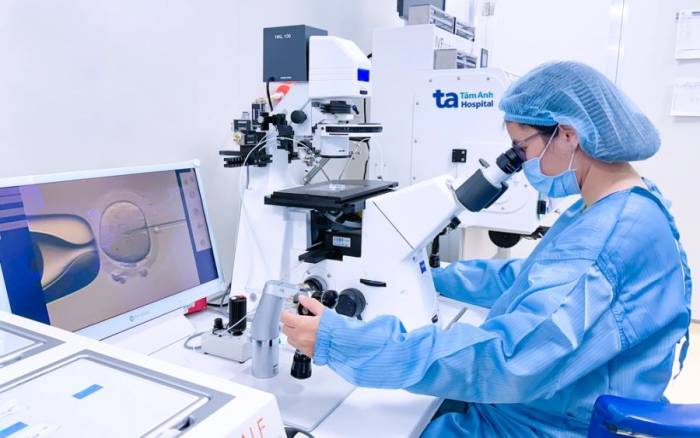 Chuyên viên phôi học tiến hành tiêm tinh trùng vào bào tương noãn (ICSI). Ảnh: Bệnh viện Đa khoa Tâm Anh
