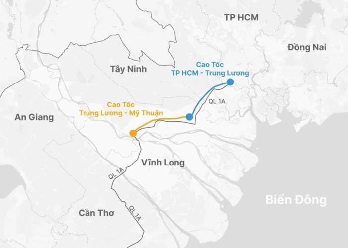 Hướng tuyến cao tốc Trung Lương - Mỹ Thuận. Đồ họa: Hoàng Thanh