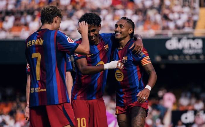 Fermin Lopez, Lamine Yamal, Raphinha vui mừng trong trận. Ảnh: FC Barcelona