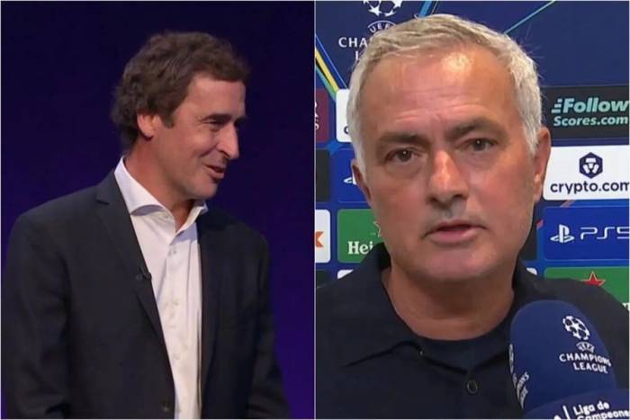 Mourinho (phải) và Raul trên sóng truyền hình ở trận Real gặp Inter. Ảnh: Marca