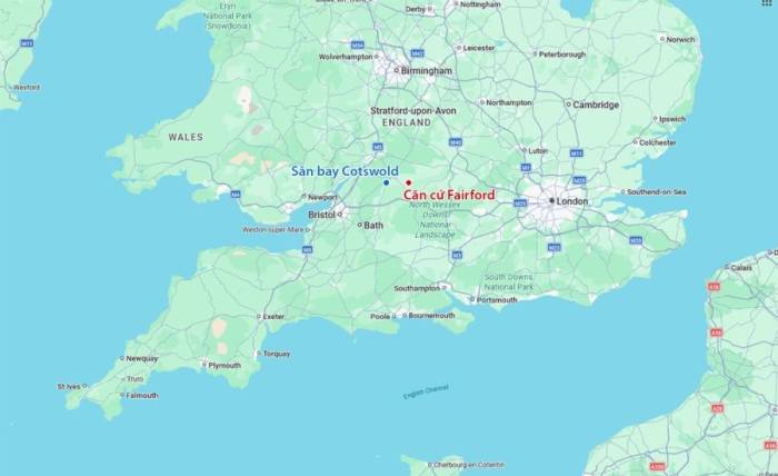 Vị trí căn cứ Fairford và sân bay Cotswold. Đồ họa: Google Maps
