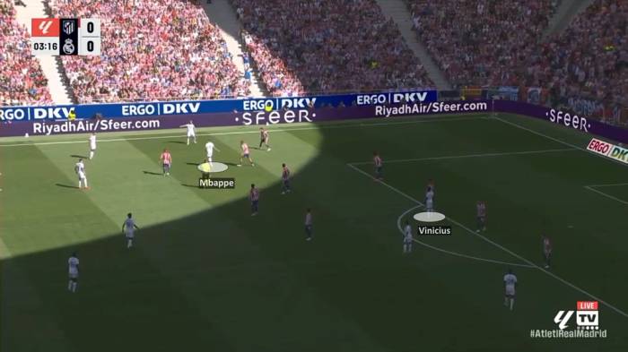 Việc Kylian Mbappe thường xuyên dạt biên nhận bóng đẩy Vinicius phải di chuyển vào trung lộ ở vị trí số 9. Ảnh chụp màn hình