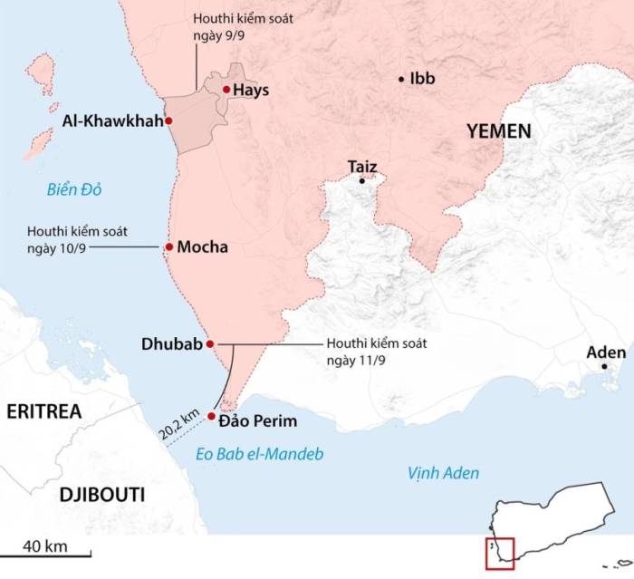 Vị trí eo biển Bab el-Mandeb. Đồ họa: Guardian