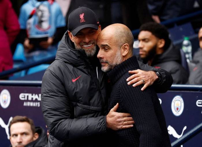 Jurgen Klopp và Pep Guardiola trước trận Man City – Liverpool ở sân Etihad, Manchester, Anh ngày 1/4/2023. Ảnh: Reuters