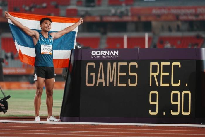 VĐV người Thái Lan Puripol Boonson thi đấu ở chung kết chạy 100m nam ASIAD 2026, trên sân Paloma Mizuho, Nagoya, Nhật Bản ngày 25/9/2026. Ảnh: AP