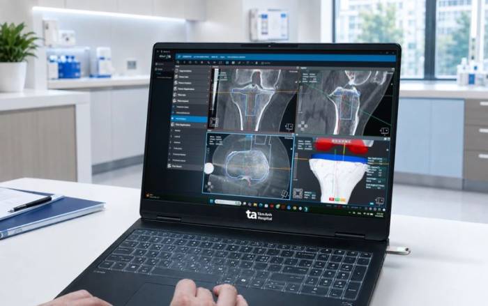 Bác sĩ sử dụng phần mềm chuyên dụng tích hợp trong robot AI Cuvis-Joint để tính toán kích thước khớp nhân tạo phù hợp với bà Thi. Ảnh: Bệnh viện Đa khoa Tâm Anh