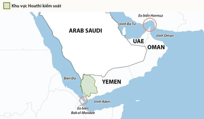 Khu vực lực lượng Houthi kiểm soát tại Yemen. Đồ họa: Open Street Map