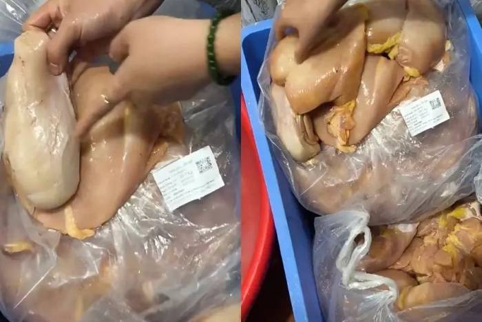 Thịt gà dành cho bữa ăn bán trú, được phụ huynh kiểm tra sáng 11/9, sau đó đã yêu cầu trả hàng. Ảnh: Phụ huynh cung cấp