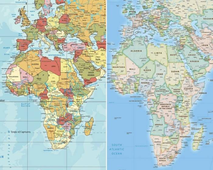 Châu Phi trên bản đồ thế giới truyền thống theo phép chiếu Mercator (trái) và trên bản đồ Equal Earth năm 2018 (phải). Ảnh: Equal Earth