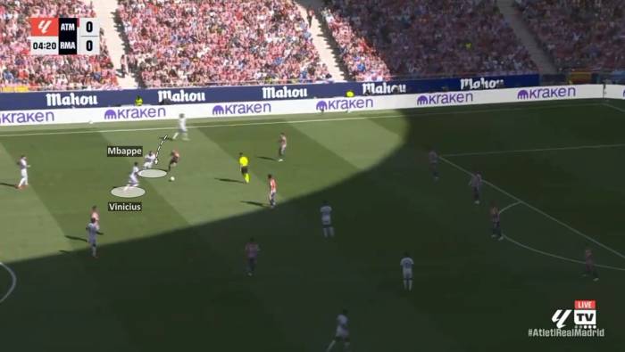 Một tình huống Kylian Mbappe đi bóng từ biên bó vào trong nhưng gặp phải Vinicius và phải nhường bóng. Ảnh chụp màn hình
