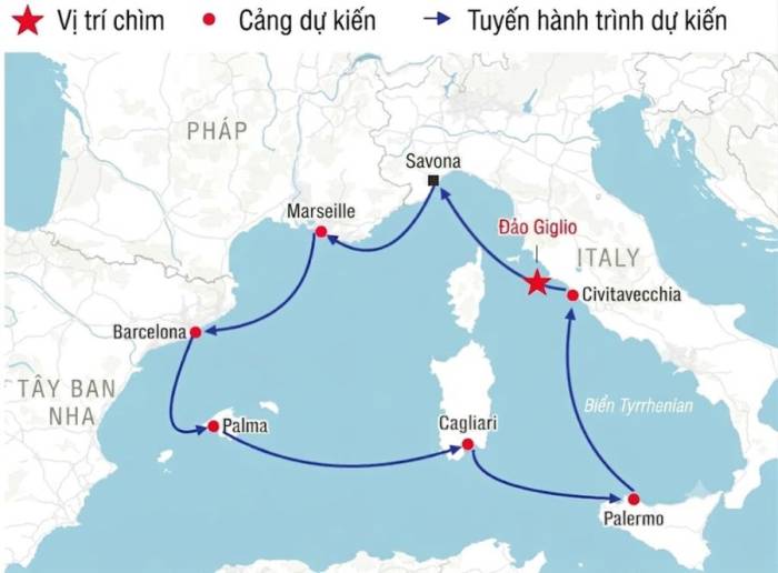 Lịch trình của tàu Costa Concordia. Ảnh: Telegraph