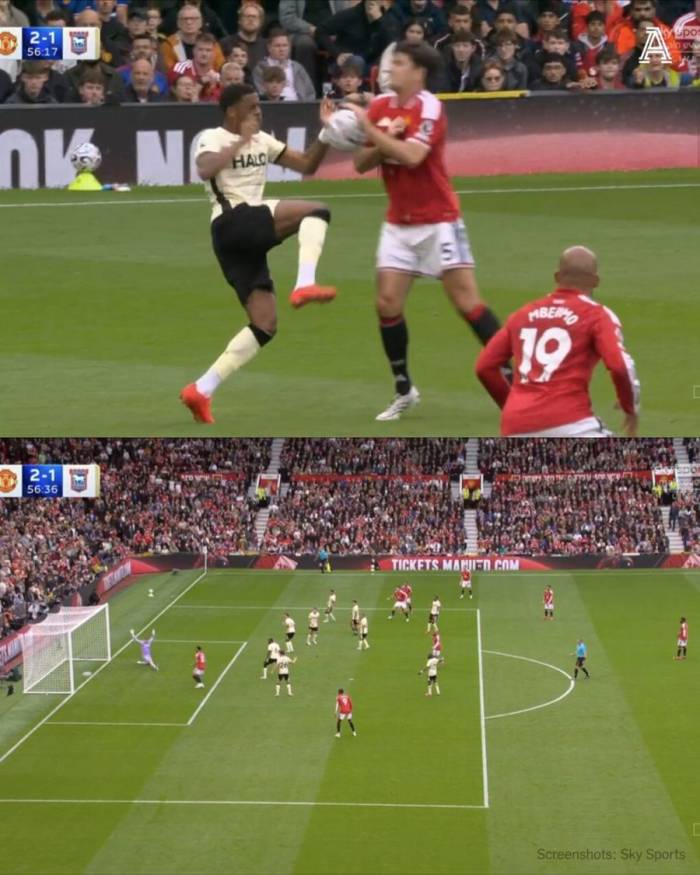 Harry Maguire để bóng chạm tay trước khi dứt điểm khiến Jacob Greaves phản lưới, trong trận Man Utd thắng Ipswich Town 5-2 ở vòng hai Ngoại hạng Anh trên sân Old Trafford, Manchester, Anh, ngày 30/8/2026. Ảnh: Sky Sports