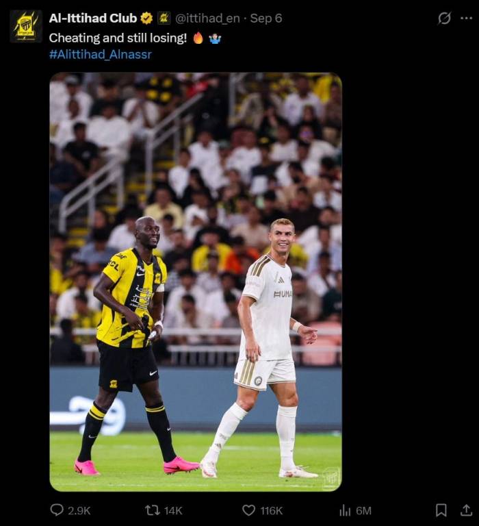 Bài đăng trên mạng xã hội X của CLB Al Ittihad sau trận thắng Al Nassr 2-1 ngày 6/9/2026, với dòng trạng thái: Gian lận mà vẫn thua!. Ảnh: X/Al Ittihad