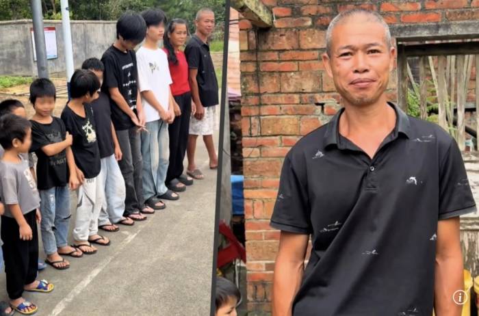 Ông Huang (phải), cùng vợ và các con trong độ tuổi 2-22 tuổi (trái) tại nhà riêng ở Khâm Châu, Quảng Tây, Trung Quốc. Ảnh: RedNote