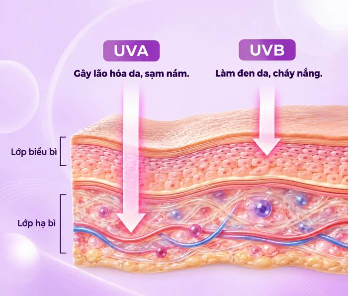 Mô phỏng cơ chế gây sạm nám, lão hóa da do tia cực tím.Ảnh: Dược phẩm Eco