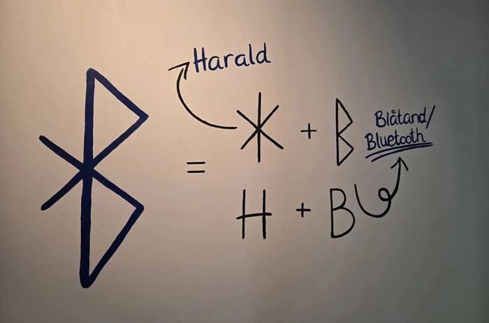 Biểu tượng Bluetooth lồng ghép hai ký tự Rune cổ đại diện cho H và B, hai chữ cái đầu tên vua Harald Bluetooth. Ảnh: BBC