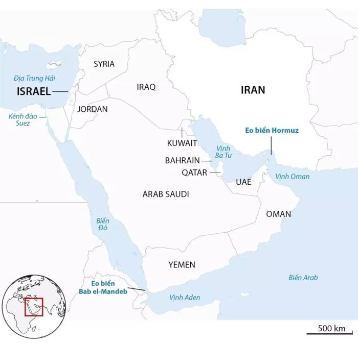 Vị trí eo biển Hormuz và biển Arab. Đồ họa: Guardian