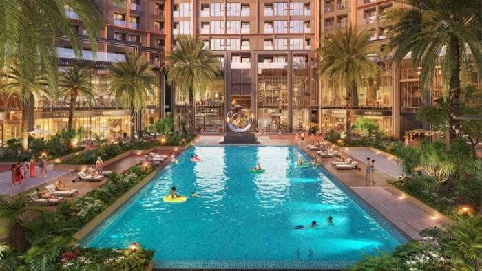 Hệ tiện ích chuẩn resort với hồ bơi ngoài trời 450 m2 hoàn thiện không gian sống wellness-living cho cư dân Symphony 5. Ảnh: Sun Property