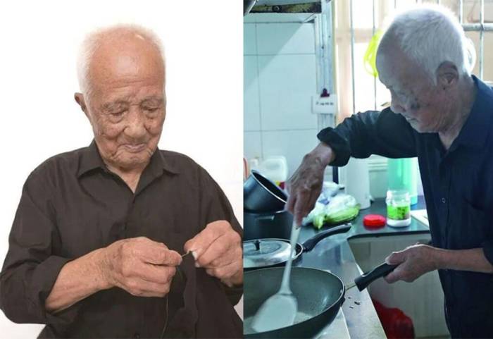 Cụ Wang khâu vá và nấu ăn hàng ngày. Ảnh: China
