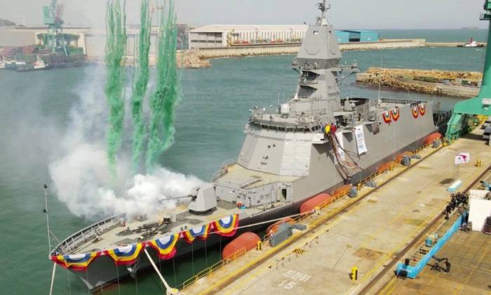Tàu khu trục ROKS Chungnam tại lễ hạ thủy hồi năm 2023. Ảnh: HHI
