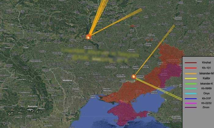 Đường bay của tên lửa Nga. Đồ họa:: X/AMK Mapping