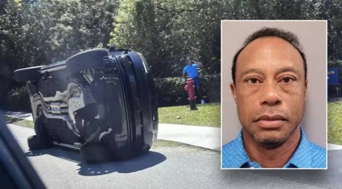 Hiện trường vụ tai nạn và ảnh chân dung khi bị bắt giữ của Tiger Woods. Ảnh: AP