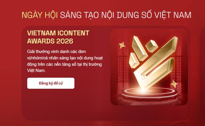 Giao diện chính dẫn vào cổng đăng ký đề cử Vietnam iContent Awards 2026.