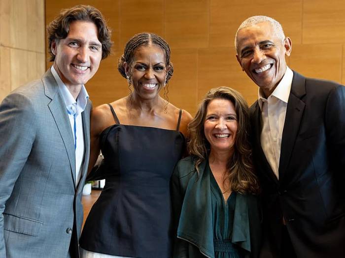 Ông Justin Trudeau và bà Katie Telford, 48 tuổi (thứ hai từ phải qua) trong buổi gặp vợ chồng cựu Tổng thống Mỹ Barack Obama hồi tháng 6. Ảnh: Instagram Katie Telford