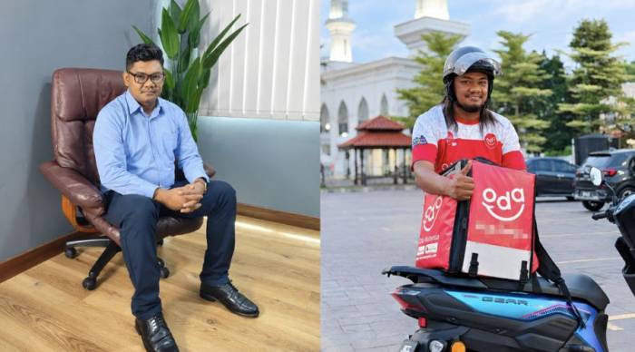 Indera Aria Wee Jeeny (40 tuổi) lúc còn là CEO công ty ứng dụng giao đồ ăn (trái) và khi làm shipper (phải). Ảnh: NST