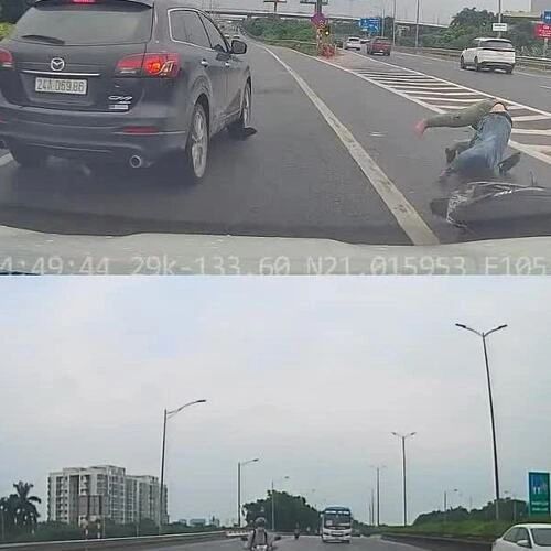 Tránh ôtô chuyển làn ẩu, người đi xe máy trượt dài trên đường