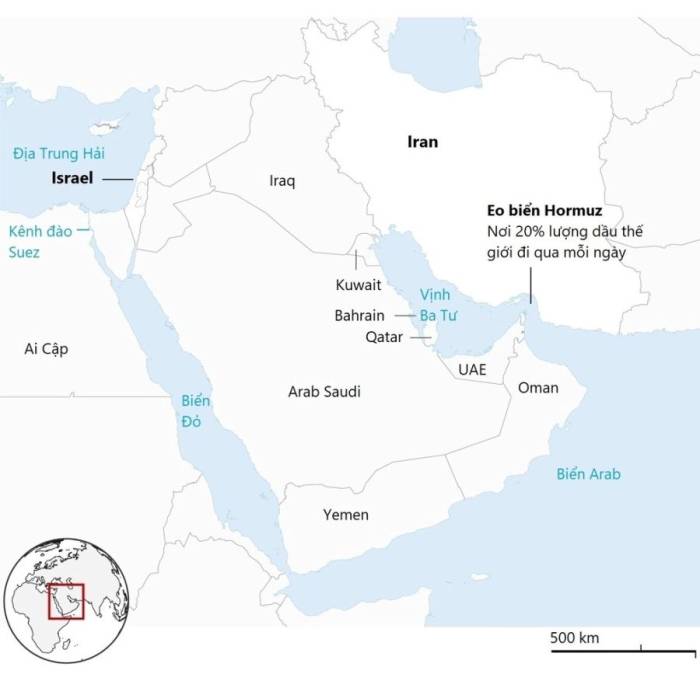 Vị trí Iran và eo biển Hormuz. Đồ họa: Guardian