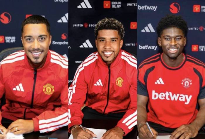 Ba tiền vệ tân binh của Man Utd hè này, là Carlos Baleba, Andrey Santos, Youri Tielemans (từ phải sang).
