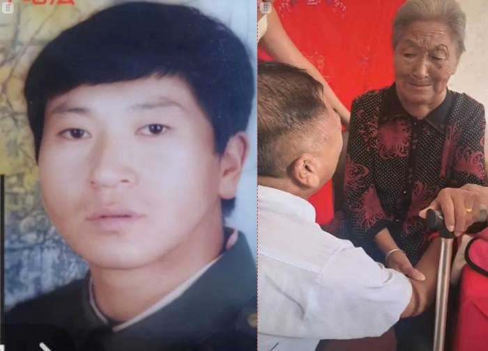 Anh Liu Zhijun (trái) trước khi bỏ nhà đi năm 1990 và khi đoàn tụ với người mẹ 92 tuổi (phải) tại Thiên Tân, hôm 23/9. Ảnh: Sohu