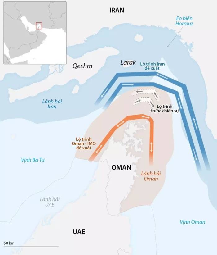 Các tuyến đường qua eo biển Hormuz trước khi Iran và Oman thống nhất tuyến đường mới. Đồ họa: CNN
