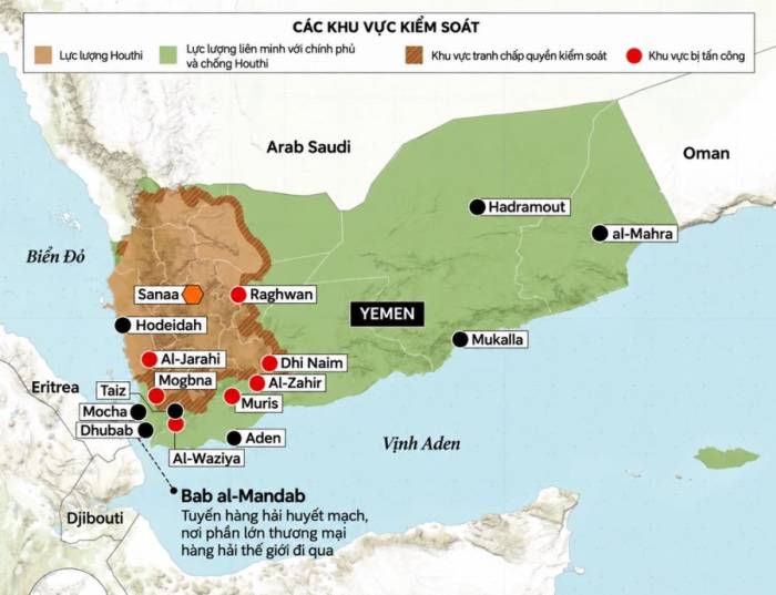 Vị trí Mocha, biển Đỏ và khu vực do các bên kiểm soát tại Yemen. Đồ họa: Al Jazeera