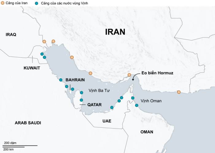 Vị trí eo biển Hormuz và các cảng biển ở vùng Vịnh. Đồ họa: WSJ