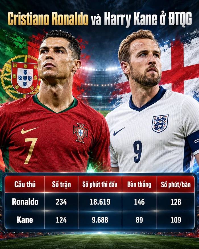 So sánh Ronaldo và Kane ở đội tuyển quốc gia. Đồ họa: Xuân Bình (AI hỗ trợ)