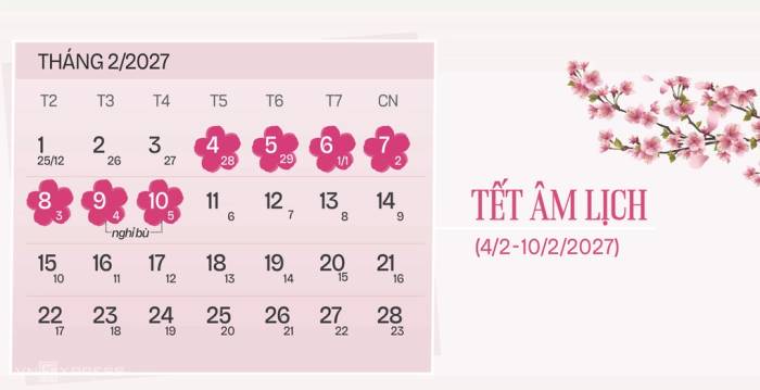 Lịch nghỉ Tết Đinh Mùi áp dụng với công chức, viên chức. Đồ họa: Tạ Lư