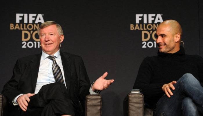 Sir Alex Ferguson và Pep Guardiola trong buổi họp báo tại lễ trao giải Quả Bóng Vàng FIFA ngày 9/1/2012 ở Kongresshaus, Zurich, Thụy Sĩ. Ảnh: AFP