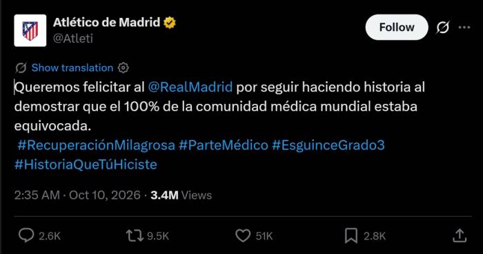 Bài đăng trên trang X của Atletico Madrid, mỉa mai Real Madrid, ngày 9/10/2026. Ảnh: X/Atletico Madrid
