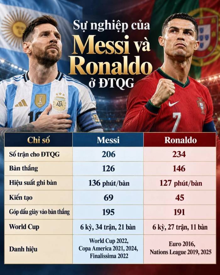So sánh sự nghiệp của Messi và Ronaldo ở ĐTQG. Đồ họa: Xuân Bình (AI hỗ trợ)