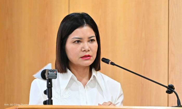 Bà Nguyễn Thúy Hiền, Phó cục trưởng Quản lý và Phát triển thị trường trong nước (Bộ Công Thương), trả lời tại họp báo. Ảnh: MOIT