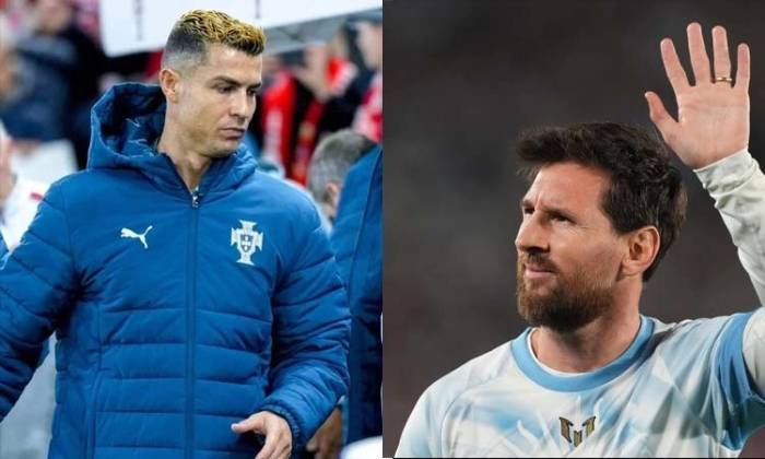 Cristiano Ronaldo thất vọng sau khi khởi động mà không được thi đấu, còn Lionel Messi chào khán giả trong trận chia tay đội tuyển. Ảnh: AP