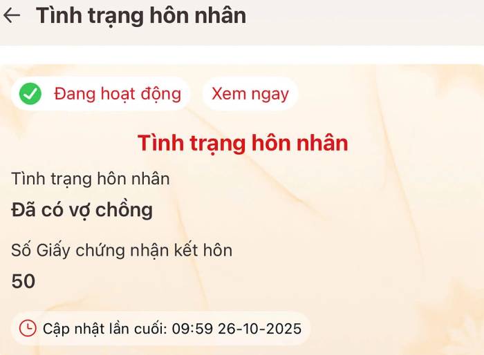 Tình trạng hôn nhân của một công dân trên VNeID. Ảnh: Chụp màn hình