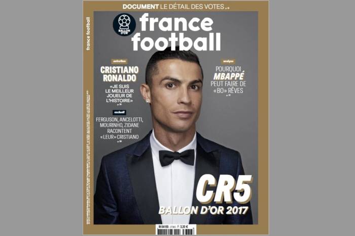 Trang nhất tạp chí Pháp France Football, ấn bản đặc biệt về Quả Bóng Vàng 2017 tháng 12/2017. Ảnh: France Football