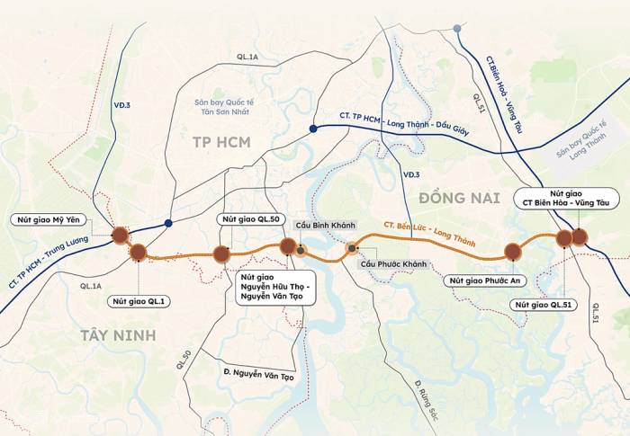 Hướng tuyến cao tốc Bến Lức - Long Thành cùng vị trí các nút giao đang khai thác. Đồ họa: Tâm Thảo