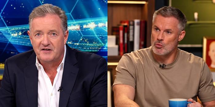 Nhà báo Anh Piers Morgan (trái) và cựu hậu vệ Liverpool Jamie Carragher khẩu chiến trên mạng xã hội.
