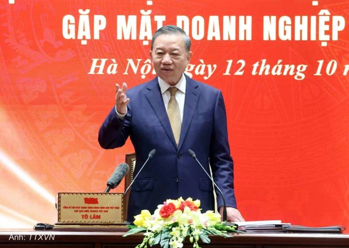 Tổng Bí thư, Chủ tịch nước Tô Lâm phát biểu tại cuộc gặp các doanh nhân tiêu biểu, ngày 12/10. Ảnh: TTXVN
